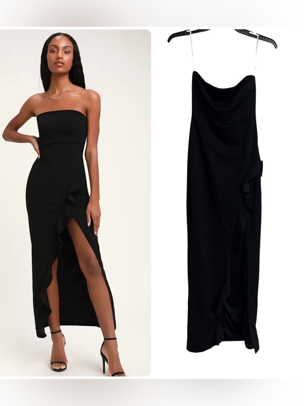 New Lulus After Hours Black Strapless Ruffled Slit Maxi Dress
